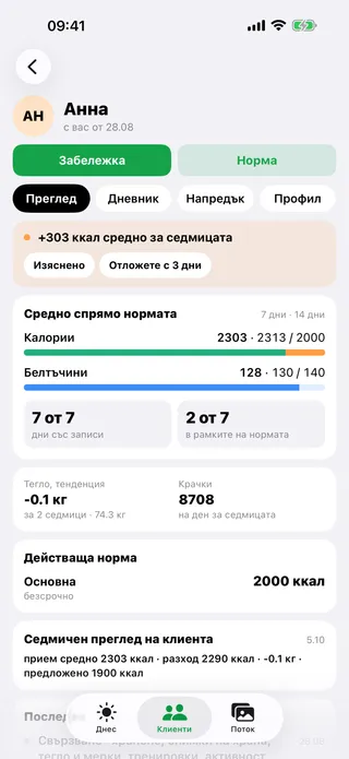 Kalorika Coach — Достъпа го отваря клиентът, по раздели